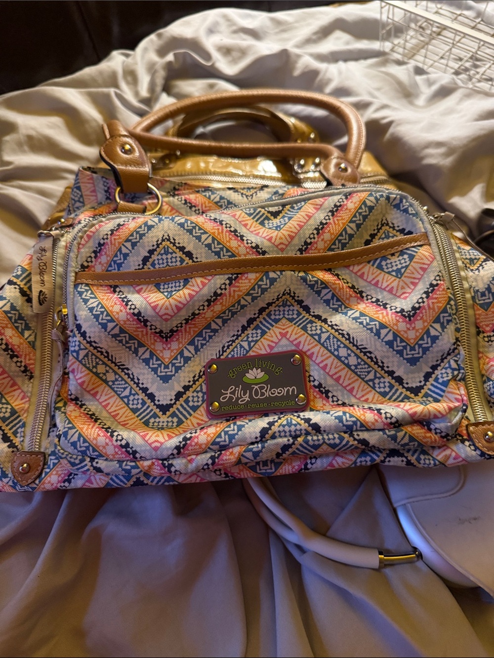 Lily Bloom Chevron Print Satchel in Pink, Blue & Tan